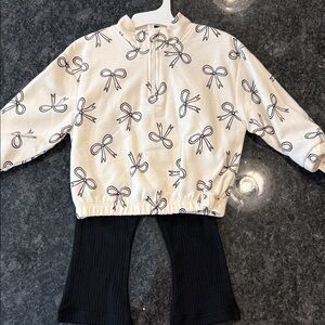 Cream Bow Print Pullover and Black Pants Set